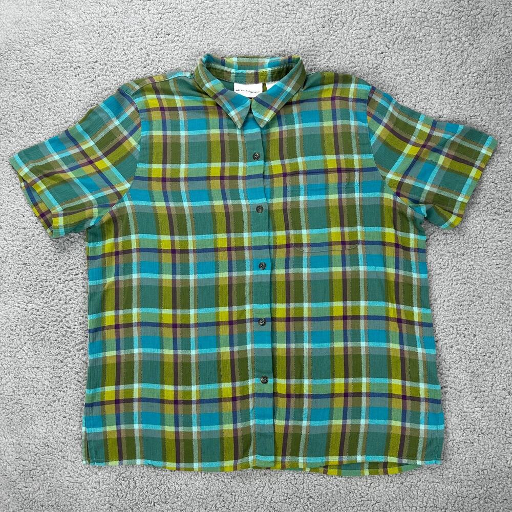 Alfred Dunner Blue Green Purple Plaid Button Up Short Sleeve Shirt Size 16